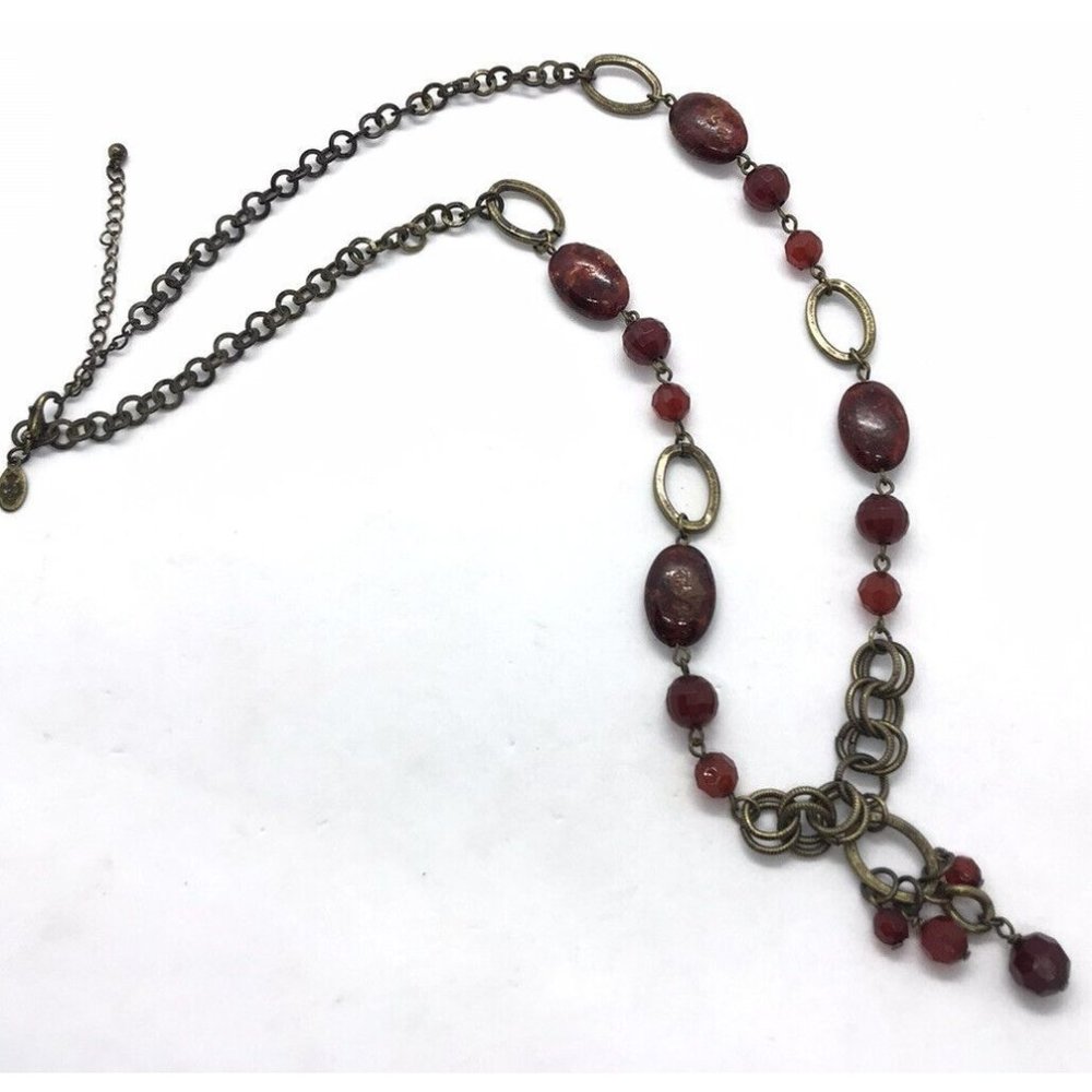 Premier Designs Brass Tone Red Bead Necklace